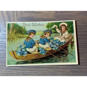 Best Wishes, Boy Seamen with Girl in a Boat, Vintage Victorian Postcard,
